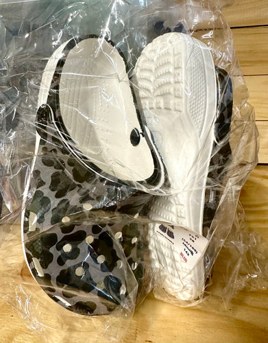 Black cheetah clogs size 8