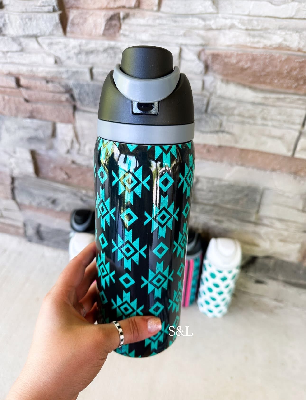 32oz black teal Aztec tumbler * in stock