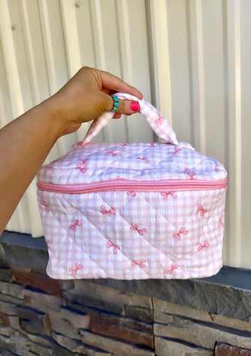 Pink bow quilted make up travel cases